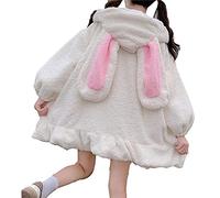 Womens Fleece Kawaii Jackets Cute Bunny Hoody Sweatshirt Fuzzy Rabbit Ear Full Zipper Long Sleeve Fluffy Jacket Baggy Soft Comfortable Winter Thermal Coat Fashion Loose Fit Cosplay Costume
