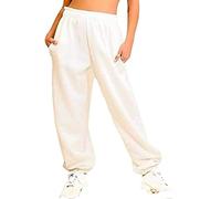 Womens Fleece Lined Jogger Pants, Ladies Casual Pockets Oversized Jogging Tracksuit Bottoms, Soft Warm Elasticated Stretchy High Waist Jog Trouser Sport Gym Yoga Loungwear, Cream, 14