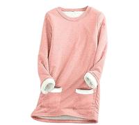 Womens Fleece Lined Jumper UK Sale Clearance,Winter Warm Ladies Sweatshirt with Pocket Solid Color Plush Sweater Pullover Sweater Casual Thick Velvet Plaid Fleece Tops Plus Size 8-22 Pink