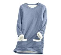 Womens Fleece Lined Jumper UK Sale Clearance,Winter Warm Ladies Sweatshirt with Pocket Solid Color Plush Sweater Pullover Sweater Casual Thick Velvet Plaid Fleece Tops Plus Size 8-22 Navy