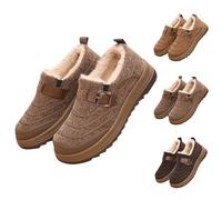 Women's Fleece Lined Shoes Slip on Round Toe Flats Retro Buckle Strap Cold Weather Anti-Slip Winter Boots Platform Fuzzy Boots Winter Shoes Coffee Footwear Size 4.5