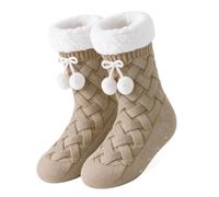 Womens Fleece Lined Slipper Socks Pom Pom Warm Winter Fuzzy Socks 4-7.5 | Thermal Cable Knit Mid Calf Fluffy Cosy Socks, Non Slip Grips for Ladies Winter Indoor Bedroom Christmas