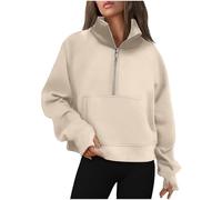 Women's Fleece Lined Stand Collar Sweatshirts Sport Winter Fall Warm Cold Weather Gear Clothes with Fleece Lining Zipper Loose Thermal Tops Country Crewneck Sweatshirts 2025 Y2K Cute Beige