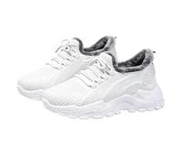 Womens Fleece-Lined Trainers, Knit Platform Orthopedic Sneakers Lace-Up Non-Slip Warm Thick Sole Walking Shoes Wide Fit Arch Support Athletic Shoes Size 7.5 White