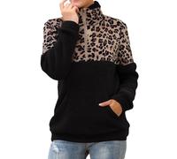 Women'S Fleece Pullover Sweatshirt Quarter Zip Ladies Sweatshirts Without Hood Plus Size Fashion Cosy Warm Leopard Print Crop Top With Pockets Splicing Pullover Sweaters Classic-Fit Cute Sweaters