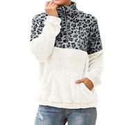 Women'S Fleece Pullover Sweatshirt Quarter Zip Ladies Sweatshirts Without Hood Plus Size Fashion Cosy Warm Leopard Print Crop Top With Pockets Splicing Pullover Sweaters Classic-Fit Cute Sweaters