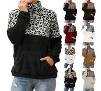 Women'S Fleece Pullover Sweatshirt Quarter Zip Ladies Sweatshirts Without Hood Plus Size Fashion Cosy Warm Leopard Print Crop Top With Pockets Splicing Pullover Sweaters Classic-Fit Cute Sweaters