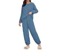 Women's Fleece Pyjama Sets Sherpa Fleece Pyjamas Womens Cozy Flannel Pjs for Women Sets Ladies Fluffy Soft Loungewear Long Sleeves Crew Neck Jacquard Sweater Warm Elastic Waist Trousers Blue
