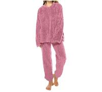 Womens Fleece Pyjamas Set 2 Piece Winter Warm Fluffy Sleepwear Cozy Long Sleeve with Trousers Thermal Pajamas Cosy Nightwear for Cold Nights Soft Loungewear Pjs Outfits One Size