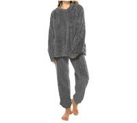 Womens Fleece Pyjamas Set 2 Piece Winter Warm Fluffy Sleepwear Cozy Long Sleeve with Trousers Thermal Pajamas Cosy Nightwear for Cold Nights Soft Loungewear Pjs Outfits One Size
