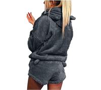 Womens Fleece Pyjamas Set Fluffy Soft Hooded Twosie Pyjama Sets Teddy Bear Shorts Pjs Sherpa Fleece Loungewear Winter Warm Cosy Nightwear Comfort Loose Fit 2 Piece Outfit with Bear Ear Pockets Ladies