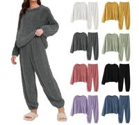 Women's Fleece Pyjamas Sets Fluffy Pjs Winter Warm Loungewear Set Soft Cosy Sleepwear Cozy Nightwear Comfy Thermal Pjs Sets Casual Long Sleeves Tops & Cuffed Bottoms Plus Size Christmas Pyjamas Set