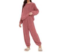 Womens Fleece Pyjamas Sets Fluffy Soft Warm Cosy 2 pcs Pjs Sets Pullover Wide Leg Pants Bottoms Ribbed Loungewear Set Winter Fuzzy Comfy Towel Pjs Thick Plush Flannel Co Ord Set Ladies Nightwear Pink