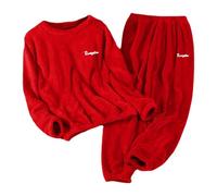 Womens Fleece Pyjamas Sets Winter Soft fluffy Ladies 2 Piece Pjs Thick Plush Loungewear Sleepwear Cozy Comfy Fur Teddy Nightwear Set - Crew Neck Longsleeve Tops and Thermal Bottoms (Red, M)