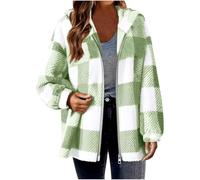 Womens Fleece Shacket Jacket Plus Size, Ladies Plaid Shirt Jacket Oversized Hoodie Teddy Fleece Fuzzy Hooded Coats Zip Up Casual Long Sleeve Fluffy Tartan Checked Coat Size 8-22