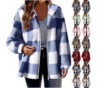 Womens Fleece Shacket Jacket Plus Size, Ladies Plaid Shirt Jacket Oversized Hoodie Teddy Fleece Fuzzy Hooded Coats Zip Up Casual Long Sleeve Fluffy Tartan Checked Coat Size 8-22