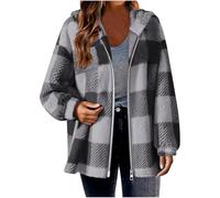Womens Fleece Shacket Jacket Plus Size, Ladies Plaid Shirt Jacket Oversized Hoodie Teddy Fleece Fuzzy Hooded Coats Zip Up Casual Long Sleeve Fluffy Tartan Checked Coat Size 8-22
