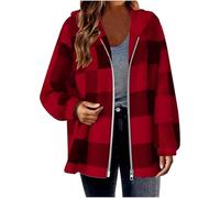 Womens Fleece Shacket Jacket Plus Size, Ladies Plaid Shirt Jacket Oversized Hoodie Teddy Fleece Fuzzy Hooded Coats Zip Up Casual Long Sleeve Fluffy Tartan Checked Coat Size 8-22