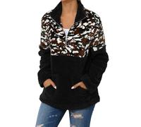 Womens Fleece Sweatshirt Fluffy Leopard Print Pullover Top Teddy Fleece V Neck Long Sleeve Top Casual Fuzzy Half Zip Up Long Sleeve Stand Collar Cozy Tops with Pockets Sportswear(Dark Gray,S)