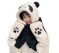 Women's Fleece Three in One Hooded Hat with Ear Flaps Long Scarf Gloves Windproof Ski Riding Set Winter Ear Flap Hat Scarf Bag Mittens Set Panda, a, One Size