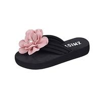 Womens Flip Flops Ladies Fashion Summer Solid Color Suede Flower Pearl Decorative Open Toe Thick Flop Slipper Women Foot Thongs Waterproof Orthotic Beach Shoes Wedge For Non Slip Pink 4.5