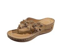 Women's Flip Flops Wedge Sandals Slip On Slip On Toe Slip On Decorative Flowers Leather Hollow Out Wedge Sole for Summer, Leisure, Casual Outing and Everyday Comfort, 01 Brown, 7 UK
