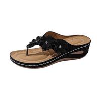 Women's Flip Flops Wedge Sandals Slip On Slip On Toe Slip On Decorative Flowers Leather Hollow Out Wedge Sole for Summer, Leisure, Casual Outing and Everyday Comfort, 01 Black, 7 UK