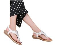 Womens Flip Flops Wide Summer Beach T Strap Flat Sandals Comfortable Walking Shoes With Flowers Women Sparkly For Pretty Ladies Rhinestones Thong Leather Toe Post Fit Sketches White 5