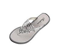 Women's Flip Flops with Flowers Toe Separator Flat Sandals Bohemian Sliders Comfortable Slippers Fashion Beach Sandals Solid Sole Mules Breathable Slip On Bathroom Slippers, silver, 8 UK