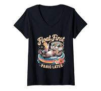 Women's Float First Panic Later Cute Summer Otter V-Neck T-Shirt
