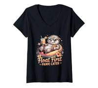 Women's Float First Panic Later Cute Summer Otter V-Neck T-Shirt