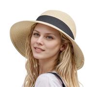 Womens Floppy Beach Sun Straw Hat Foldable Travel Wide Brim Summer Bucket Hat UPF 50+, Beige, S/M