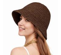 Womens Floppy Straw Sun Hat Packable Wide Brim Summer Beach Hat Foldable Crochet Bucket Hats, Brown 2, S/M