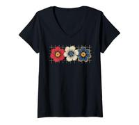 Womens Floral American Flag Flowers 4th of July Patriotic Women Men V-Neck T-Shirt