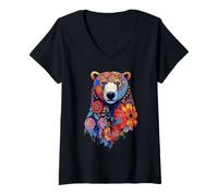 Womens Floral Bear Head Wild Animal Mandala Forest V-Neck T-Shirt