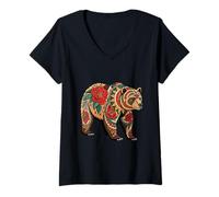 Womens Floral Bear with Red Roses and Tribal Patterns V-Neck T-Shirt