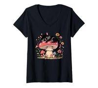 Women's Floral Black Cat Sleeping On Mushroom V-Neck T-Shirt