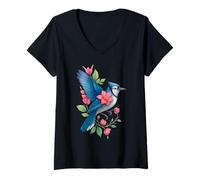 Womens Floral Blue Jay Bird Songbird with Flowers Botanical Nature V-Neck T-Shirt