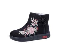 Womens Floral Boots Womens Buckle Ankle Boots Retro Flower Printed Shoes Chunky Platform Shoes Winter Thicken Booties Comfy Short Booties Round Toe Warm Boot Non Slip Fleece Lined Boot