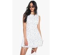 Womens Floral Brodiere Slash Neck Button Neck Floral Mini Dress - Blue - 18, Blue