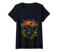 Womens Floral Buffalo Head Spring Nature Aesthetic Animal Flowers V-Neck T-Shirt