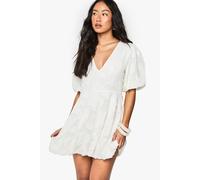 Womens Floral Burnout Plunge Puffball Mini Dress - White - 10, White