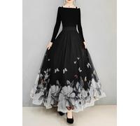 Women's Floral Butterfly Print Tulle Skirt, High Waist A-Line Flowy Skirt for Wedding Party Evening Wear