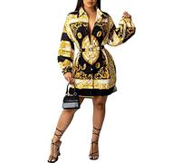 Women's Floral Button Down Shirt Dresses Casual Oversized Long Sleeve Button up Blouses Tops Mini Dress, Black and Gold, L