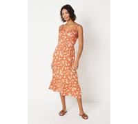 Womens Floral Button Through Frill Neckline Midi Dress Rust 10