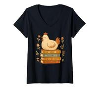 Womens Floral Chicken Sleeping On Books V-Neck T-Shirt