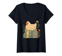Womens Floral Chicken Sleeping On Books V-Neck T-Shirt