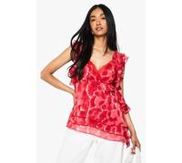 Womens Floral Chiffon Asymmetric Ruffle Blouse - Red - 16, Red