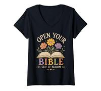 Women's Floral Christian Bible Reading Faith Bloom Quote Artwork V-Neck T-Shirt