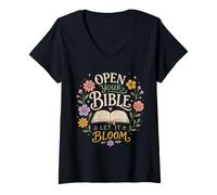 Women's Floral Christian Bible Reading Faith Bloom Quote V-Neck T-Shirt